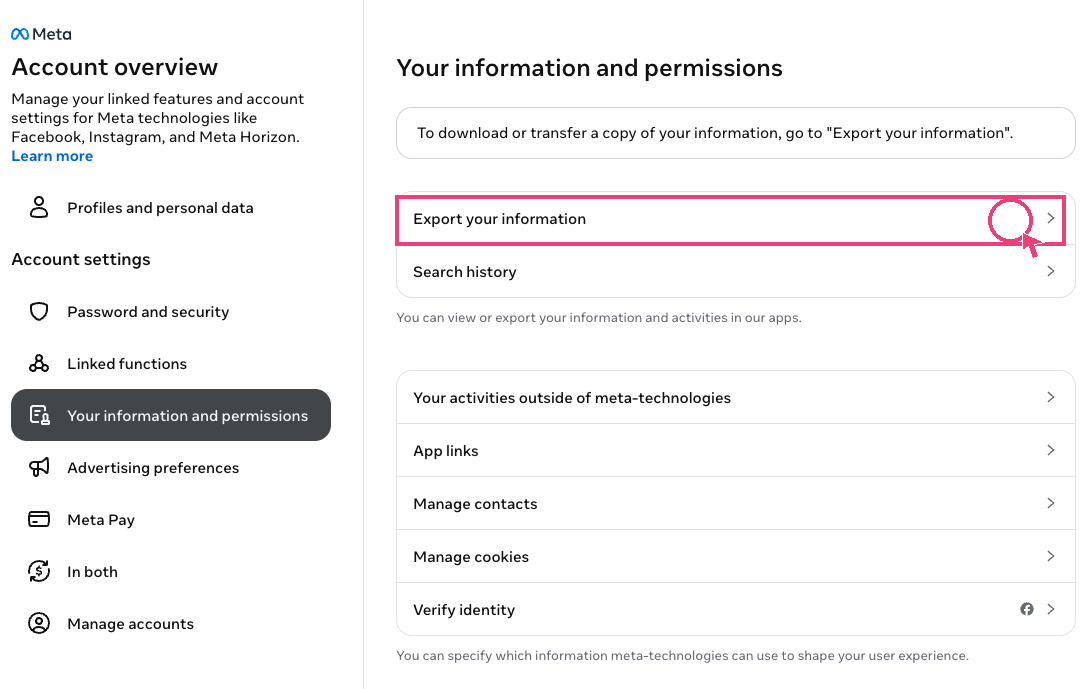Meta Accounts Center with the 'Export your information' option highlighted