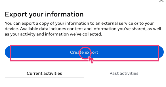 Export your information panel with the 'Create export' button highlighted