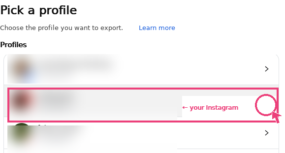Profile picker with the Instagram profile row highlighted