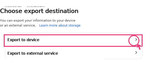 Export destination screen with 'Export to device' highlighted