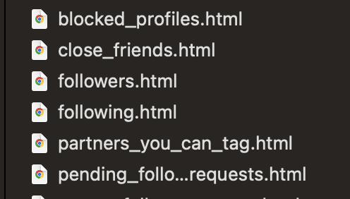 File list inside the Instagram export ZIP showing followers.html and following.html